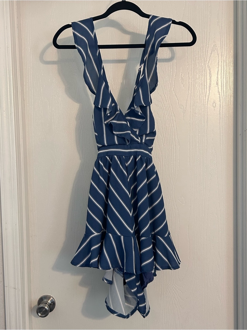 L'ATISTE | Navy Blue and White Striped Ruffle Dress | Size Medium